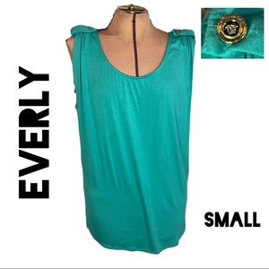 Everly Small Turquoise Blue Tank Top Sleeveless Knit Blouse with Gold Buttons